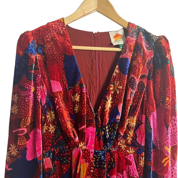 Farm Rio Snake Garden Red Velvet Floral Print V-Neck Long Sleeve Jumpsuit Sz XS - Picture 8 of 16